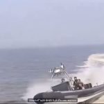 A speedboat collided with a ferry at sea